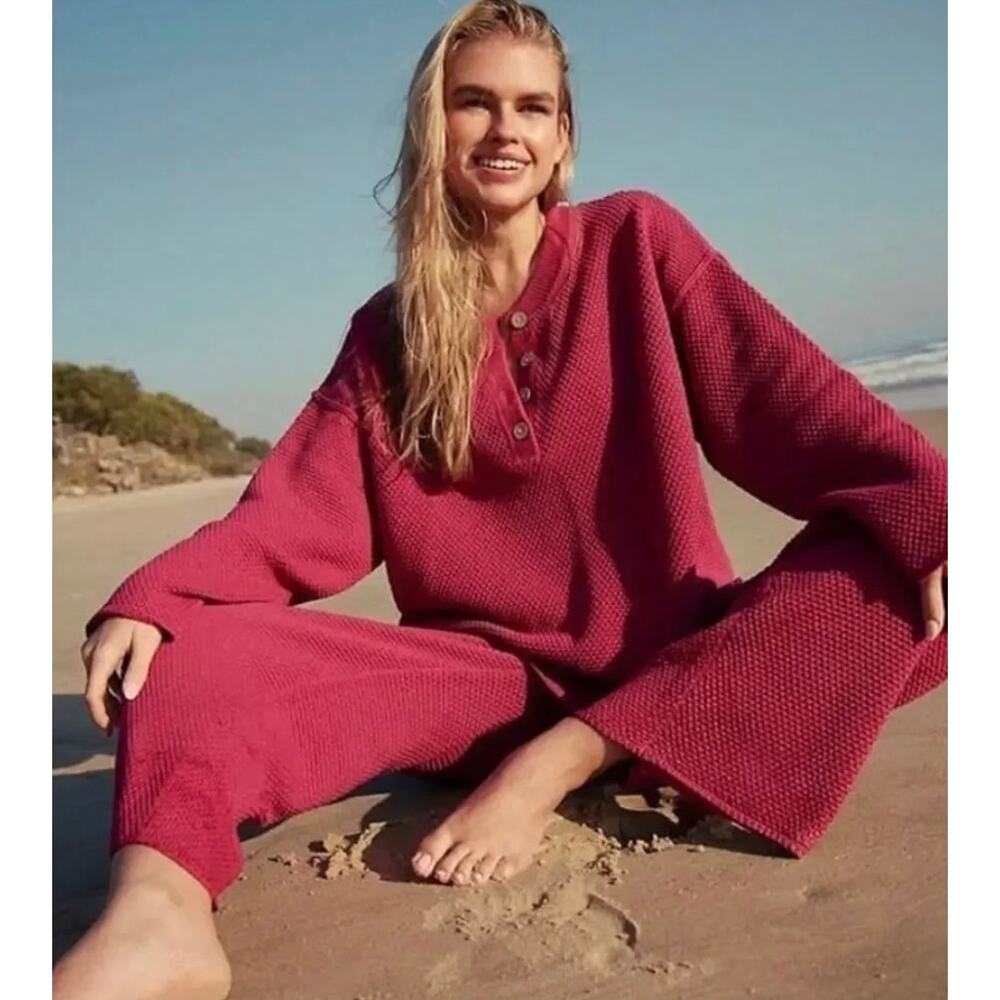 FP Beach Hailee Sweater Set Swater Size XS , and Pants Size S Red Waffle Knit